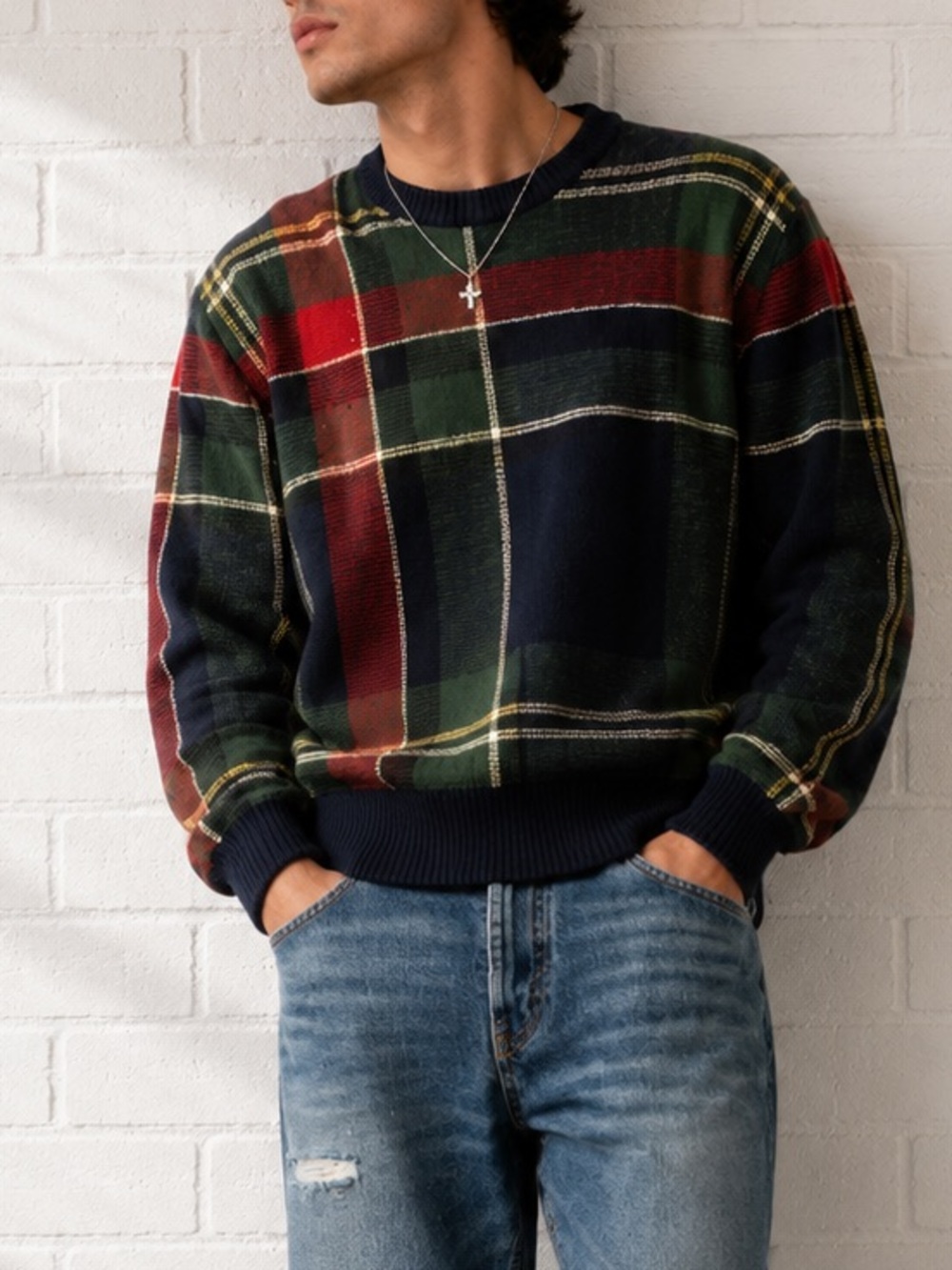 Nautica Vintage 90s Plaid Sweater Men’s L 100% Cotton Preppy Grandpa Crewneck